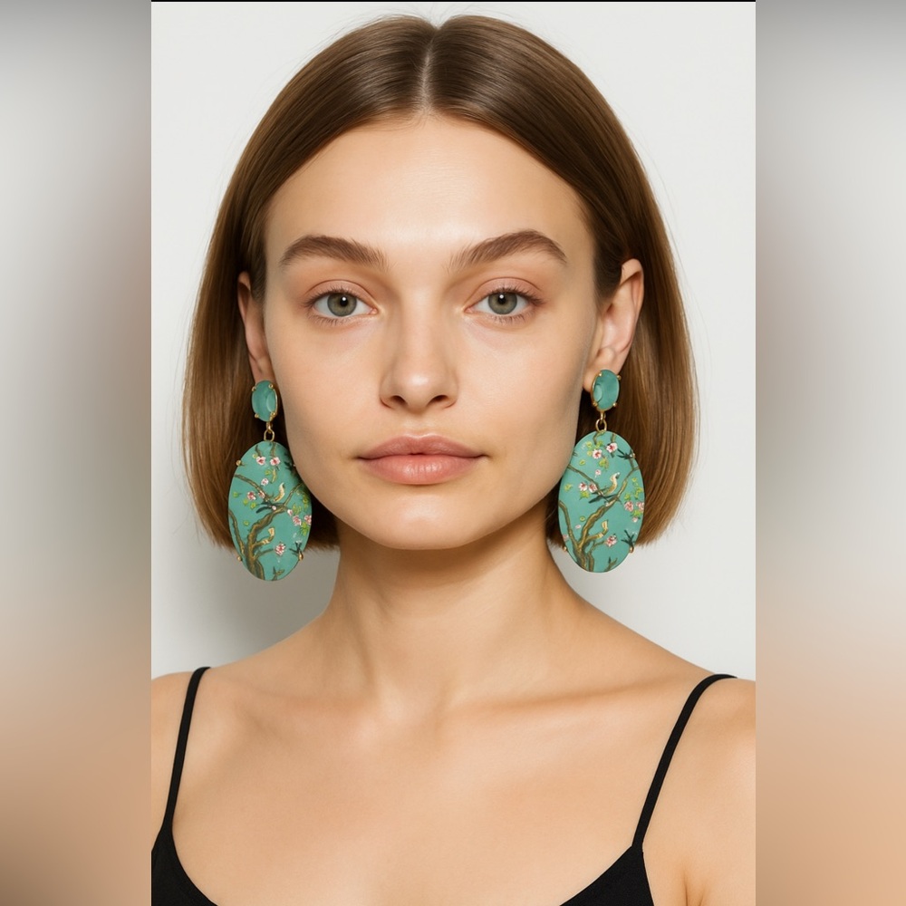 Bird Japanese Geometric Crystal Statement Drop Earrings